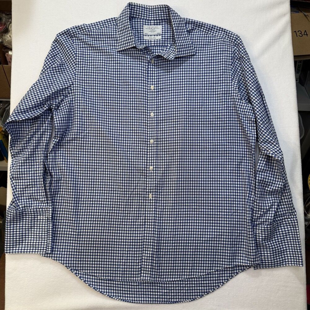 Charles Tyrwhitt London Men’s Shirt Blue Gingham 18/37 Old Money Metal Stays